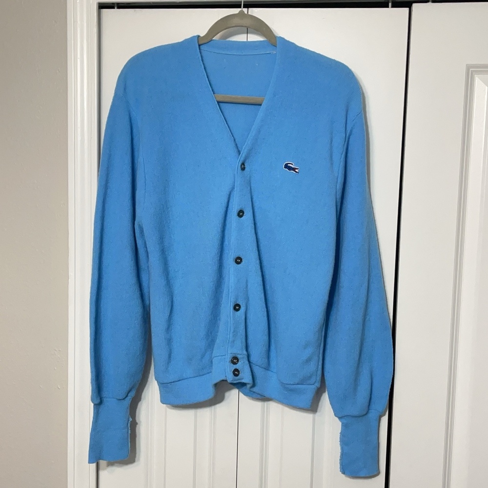 Vintage IZOD Lacoste Cardigan Sweater Blue Orlon Spool Button Front Logo 60s 70s